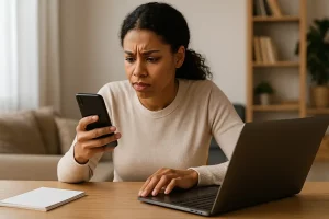 A young woman frowns at her smartphone while navigating a website on her laptop, showing clear frustration with poor UX.
