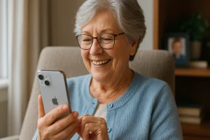 A proud grandmother smiles as she masters blocking spam texts on her iPhone, building confidence in her digital safety skills.