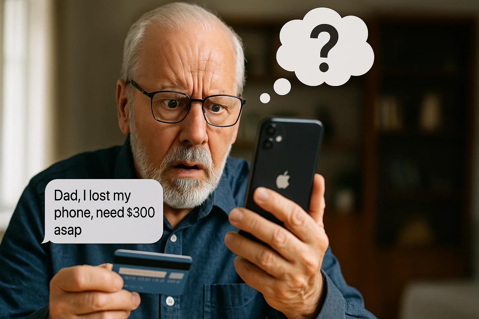 An elderly man hesitates, holding his credit card while staring at a suspicious message from an unknown number pretending to be his son.