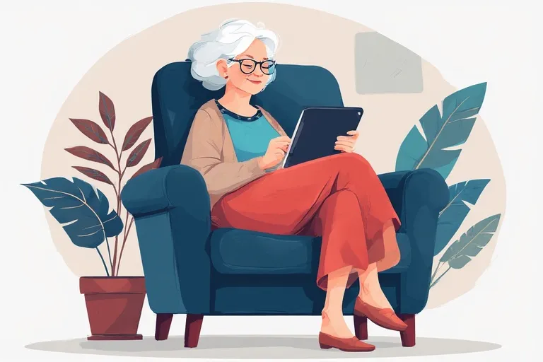 An elderly woman is looking at a tablet while sitting in an armchair