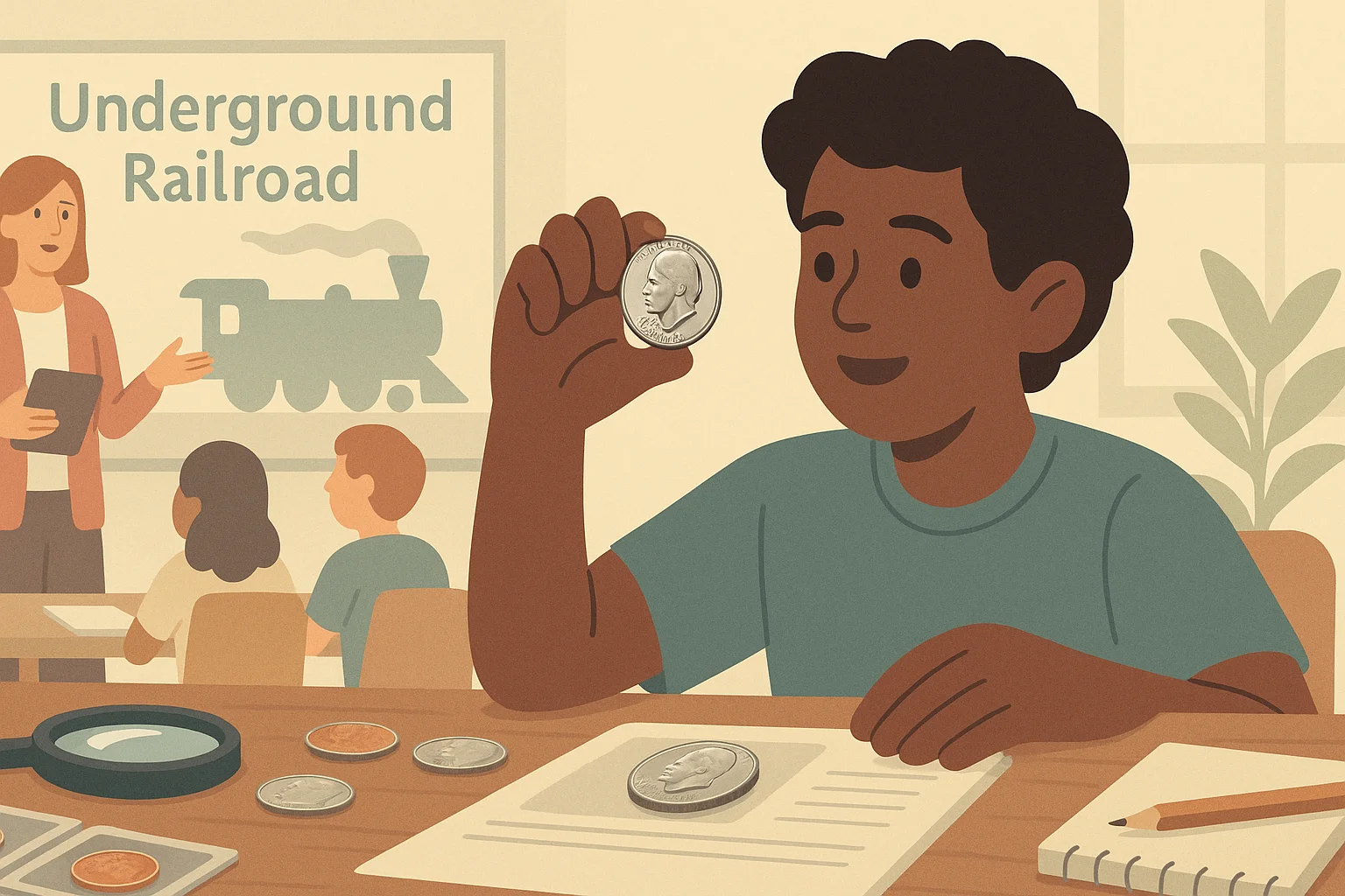 A young bot observes a Harriet Cubman quarter on a lesson.