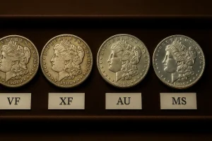 Four coins graded VF, XF, AU, and MS are shown side by side to demonstrate how small differences in wear, detail, and surface preservation create wide spreads in market value.