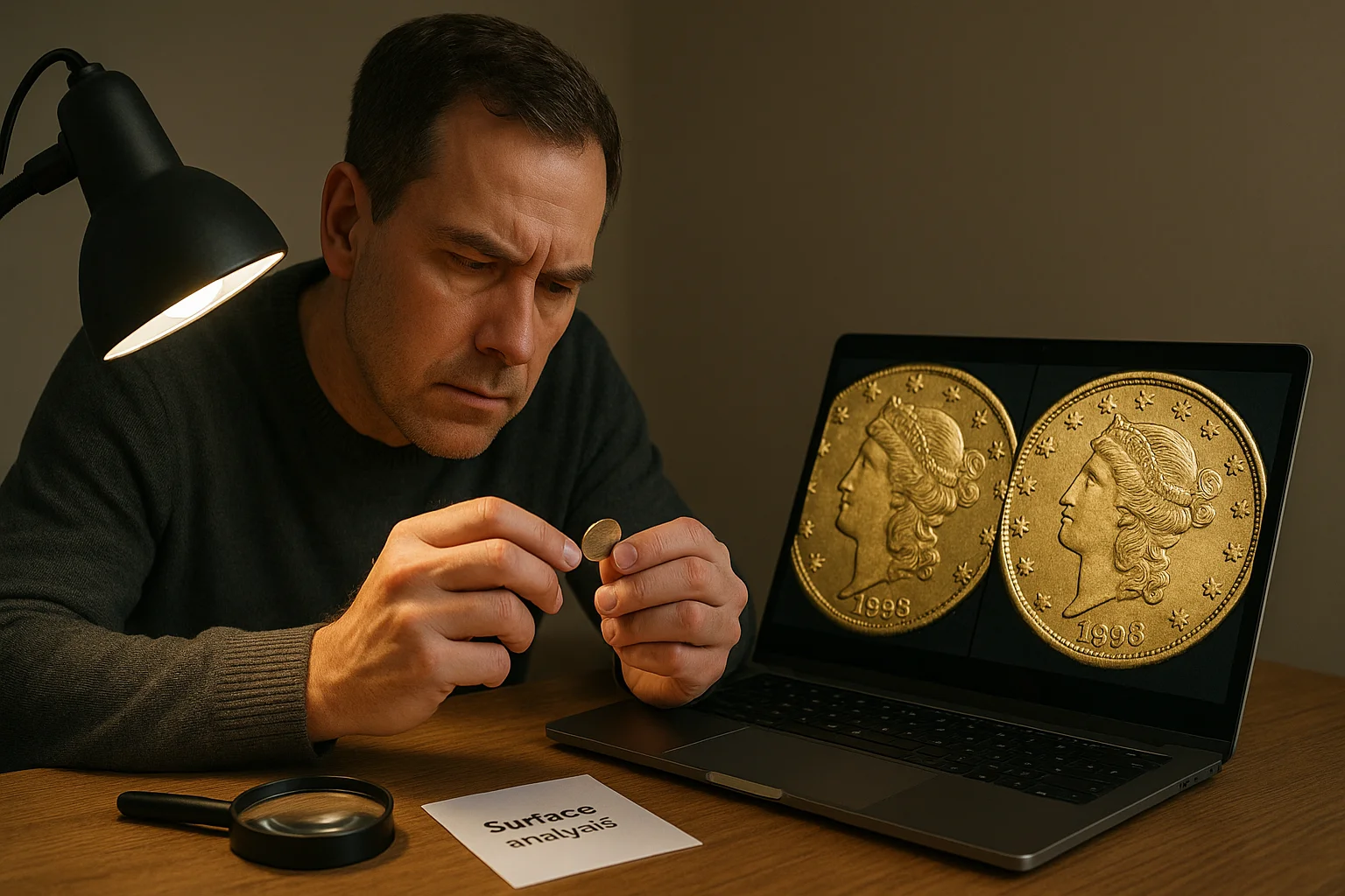 A collector examines a coin under angled light to read surface texture, hairlines, and subtle friction that explain why AU and MS pieces can fall into very different price tiers.