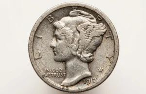 Macro close-up of a 1917 Mercury dime coin