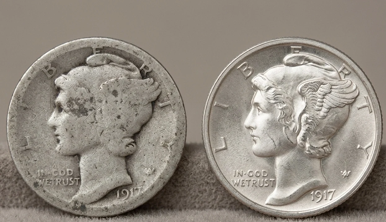 Close-up of two 1917 Mercury dimes showing different conditions